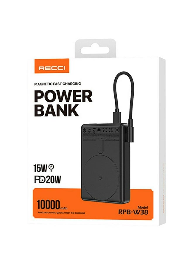 ريتشي باور بنك RECCI RPB-W38 سعة 10000mAh شحن لاسلكي مغناطيسي 15 واط، 2 في 1 مع كابل مدمج وحامل قابل للطي – أسود - Image 5